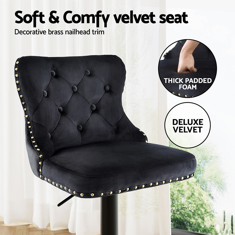 Roslyn Velvet Bar Stools with Nailhead Trim – Black – Set of 2