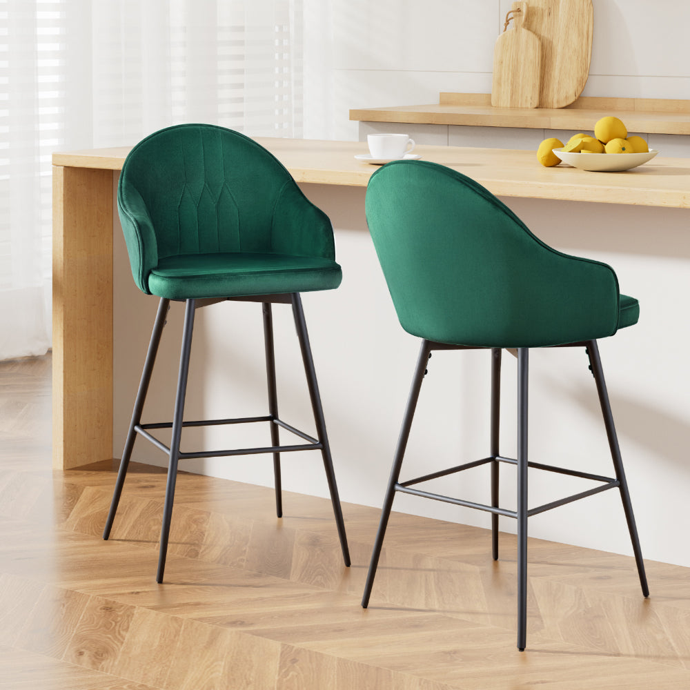 Atlas 2x Bar Stools Velvet Swivel Metal Legs Green