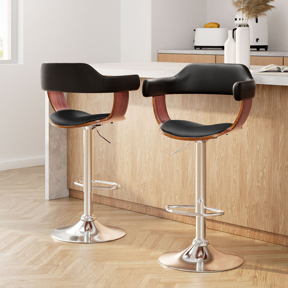 Cove 2x Bar Stools Gas Lift Leather w/Armrest Black