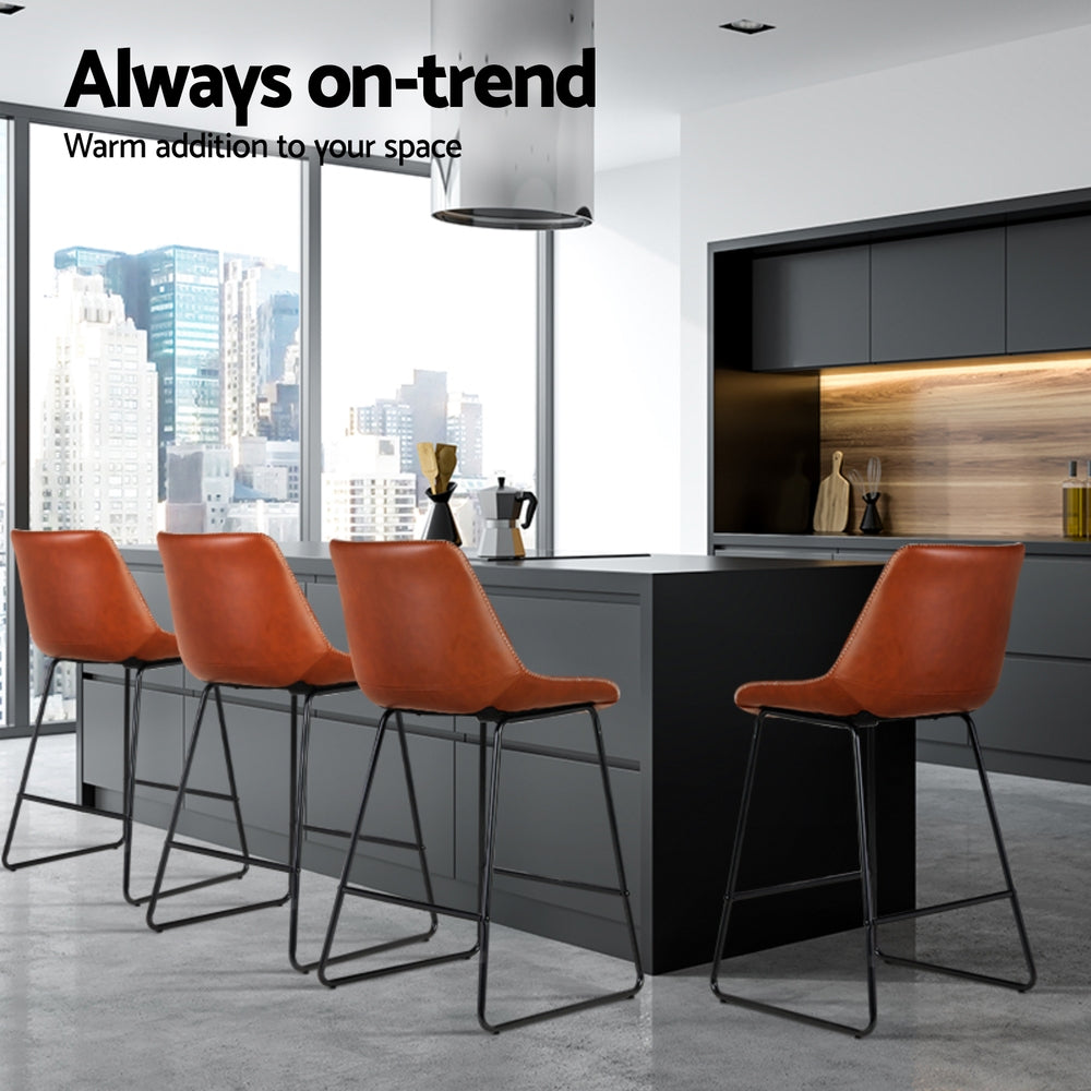 Harlow Leather Bar Stools – Brown – Set of 4