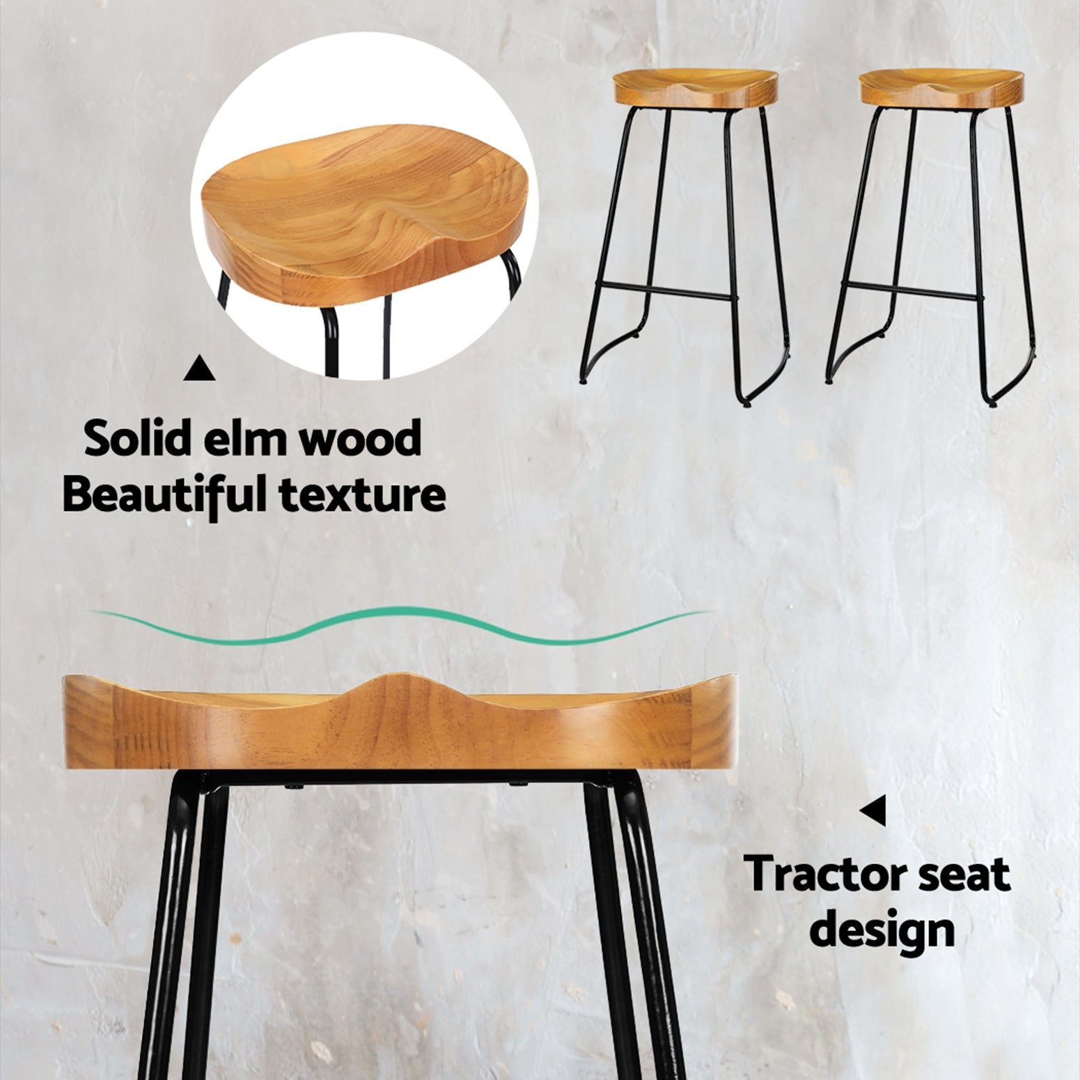 Kairo Industrial Bar Stools – Natural Wood – Set of 2
