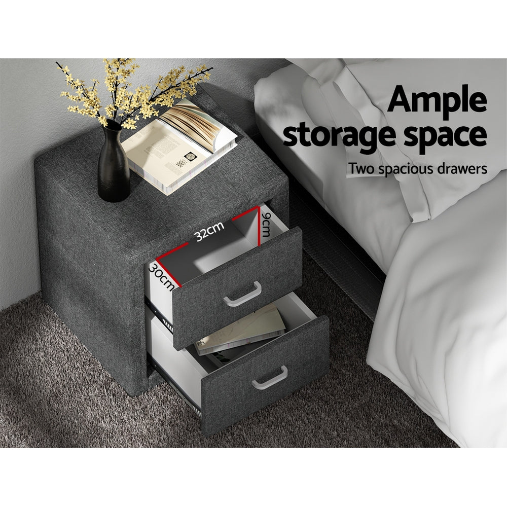 Caden Fabric Bedside Table – Grey – 2 Drawer