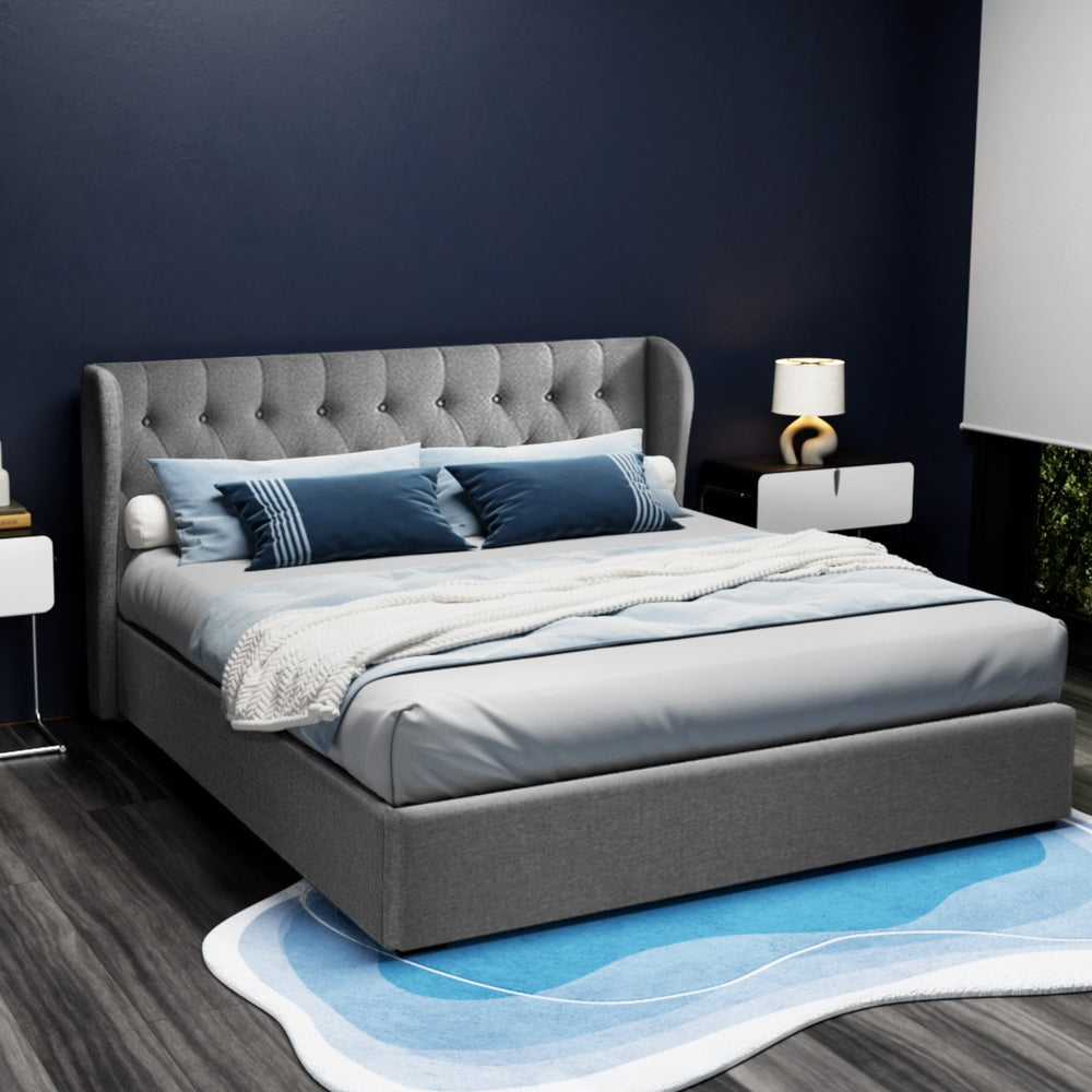 Issa Linen Gas Lift Tufted Bed Frame – Grey – King