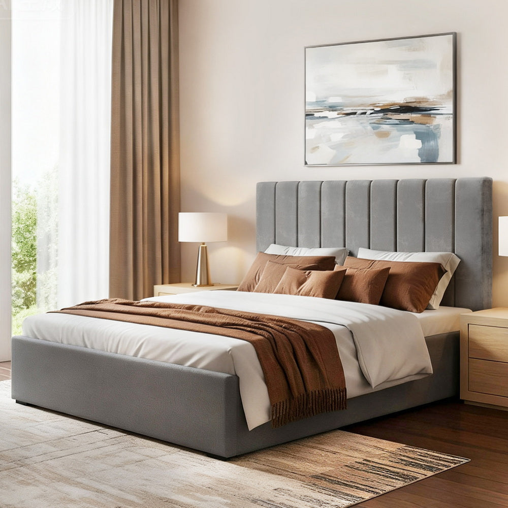 Haven Bed Frame with Storage Grey Velvet Headboard Gas Lift Platform Base – Double