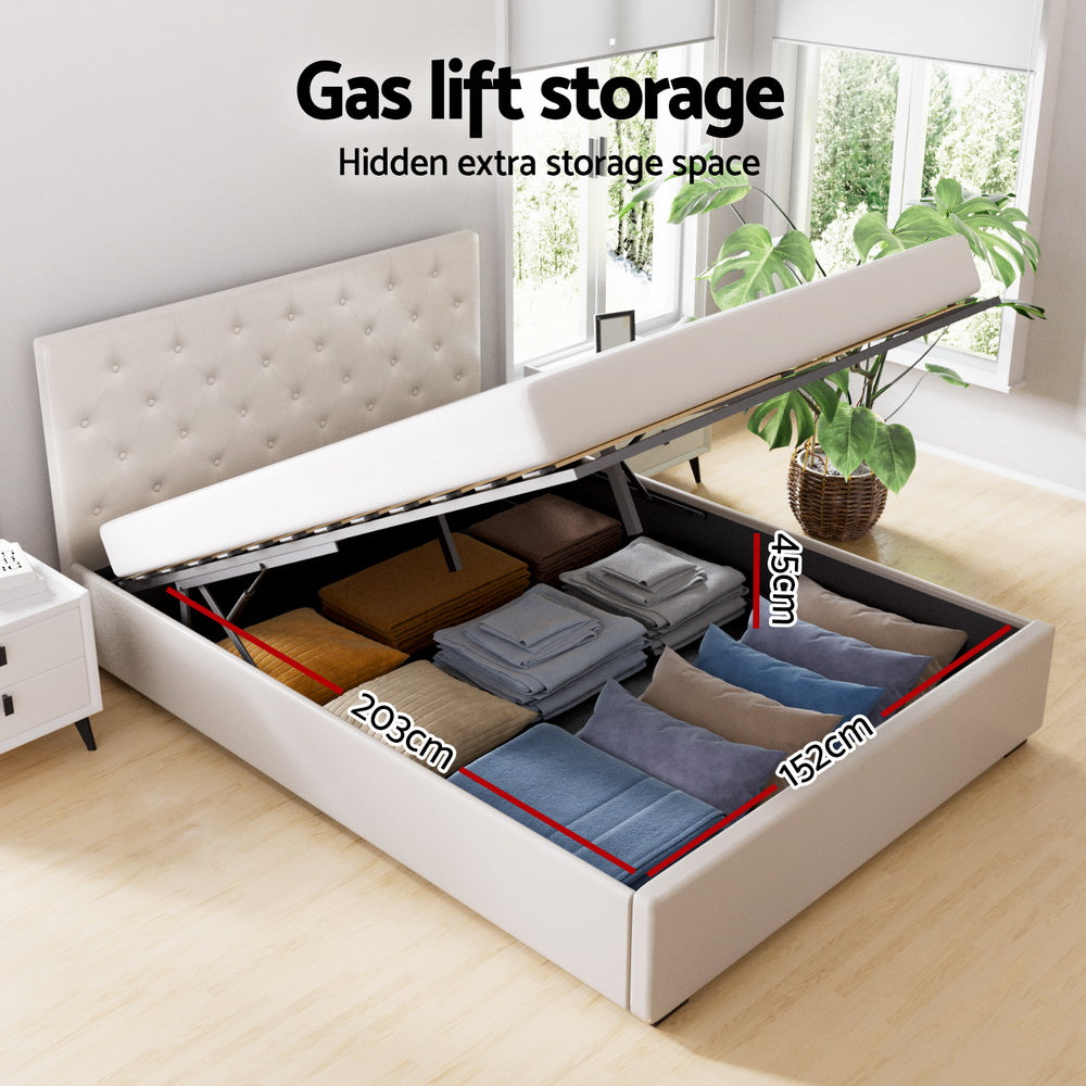 Vila Gas Lift Tufted Bed Frame – Beige – Queen