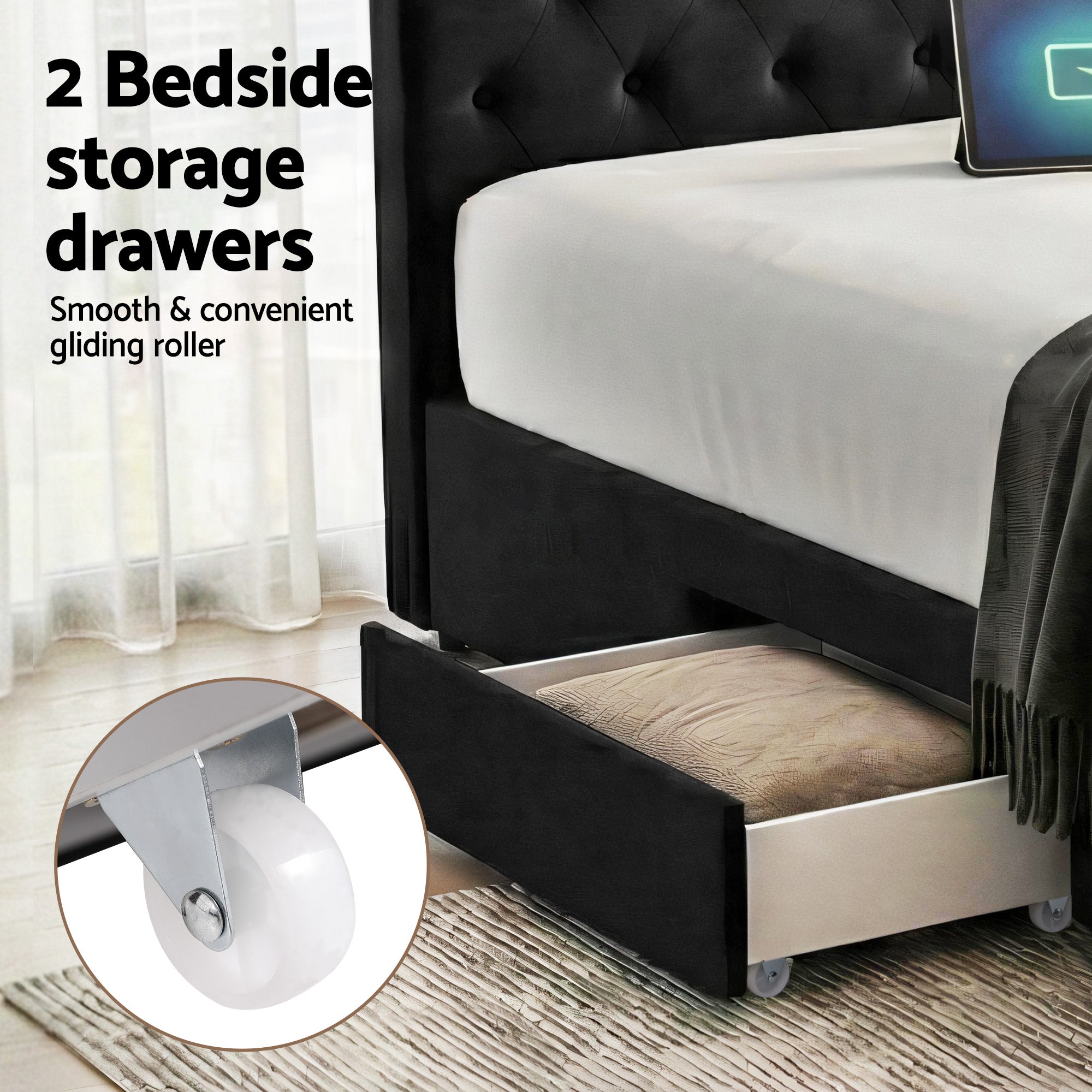 Luna Storage Bed Frame with Charging Station and 3 Drawers – Grey – King