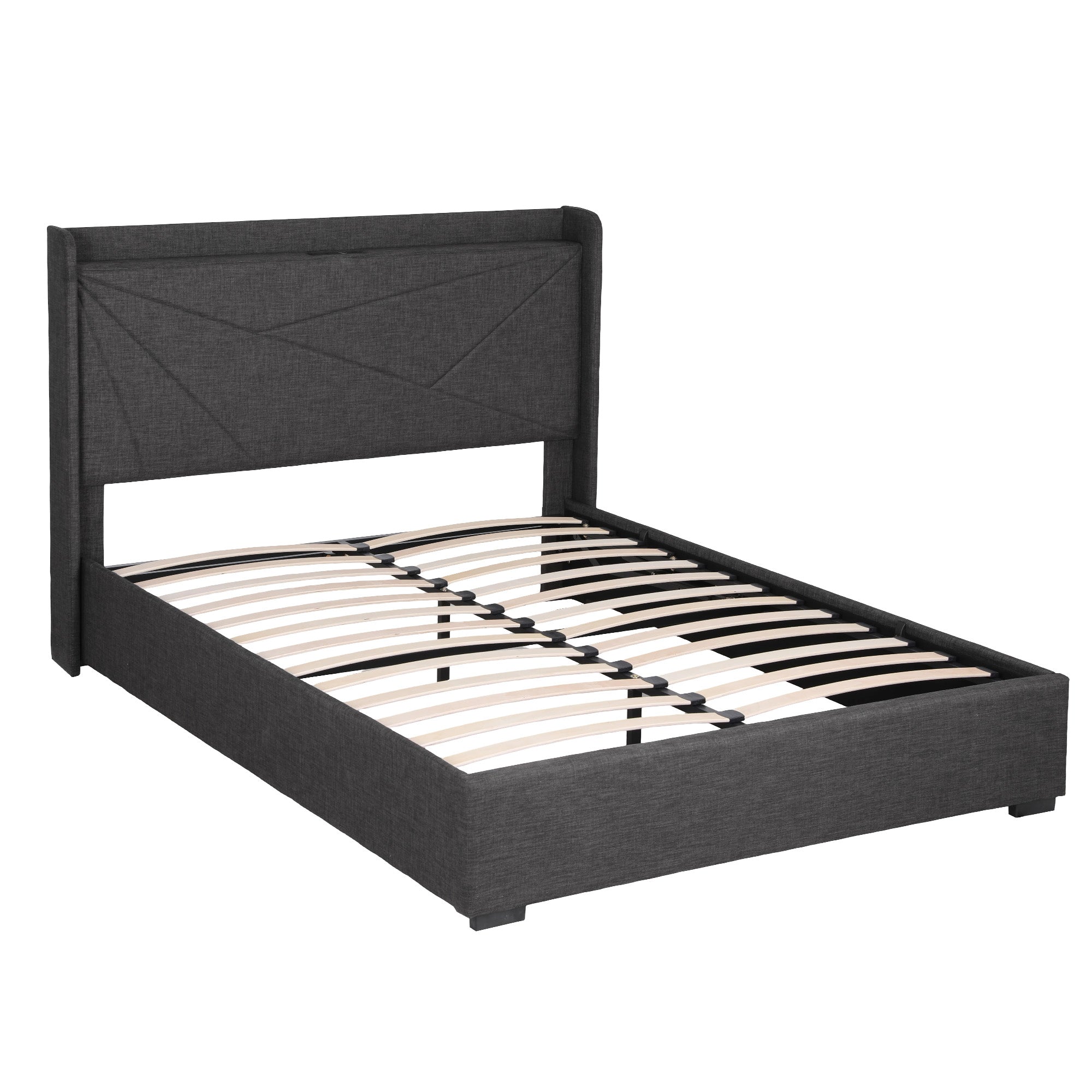 Morfei Gas Lift Storage Bed Frame with Charging Station – Charcoal Grey – Double