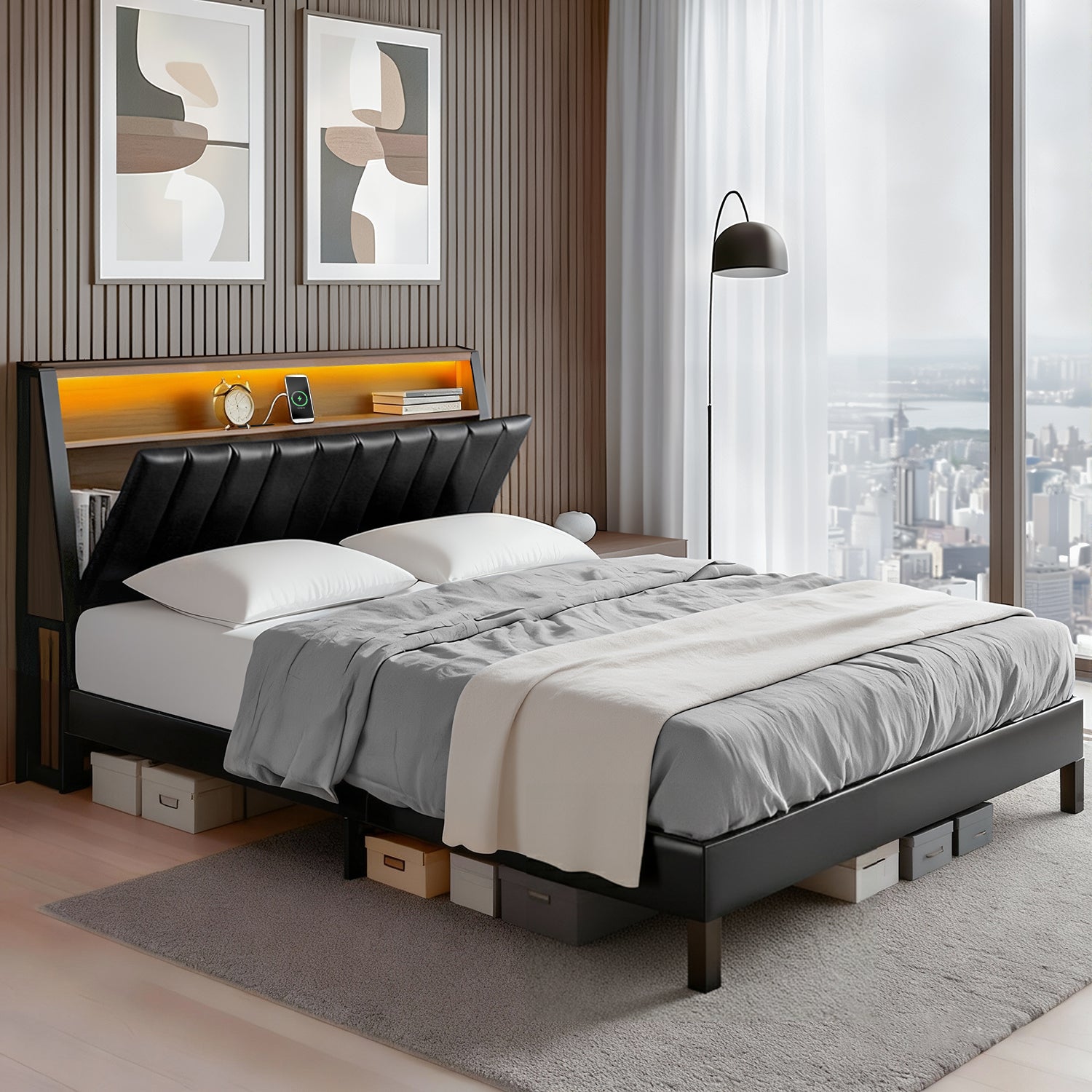 Linden Bed Frame LED Storage Headboard with Charging Station Black – Queen