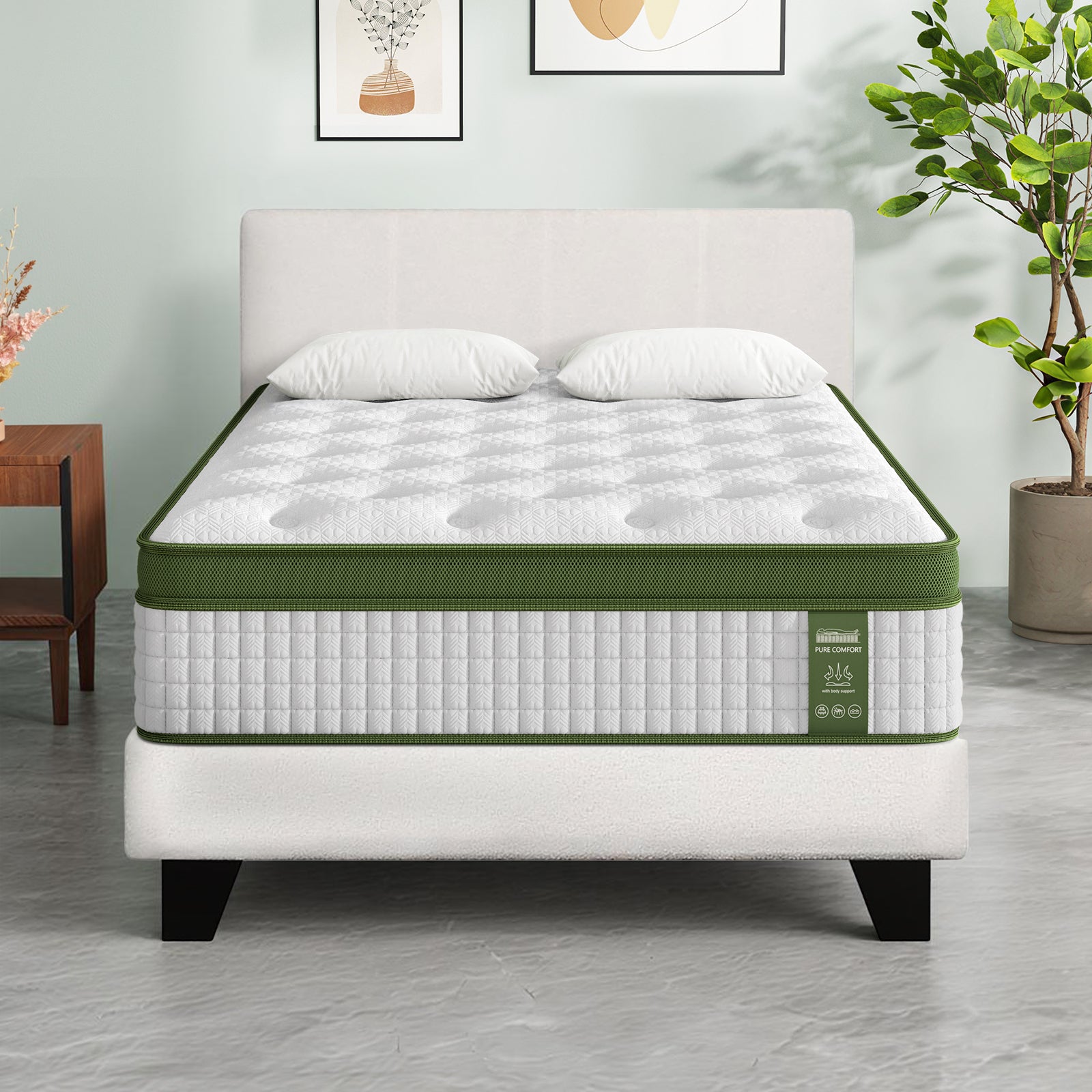 Atlas Bed Set with BedStory Hybrid Mattress Upholstered Platform White Boucle Fabric – King Single