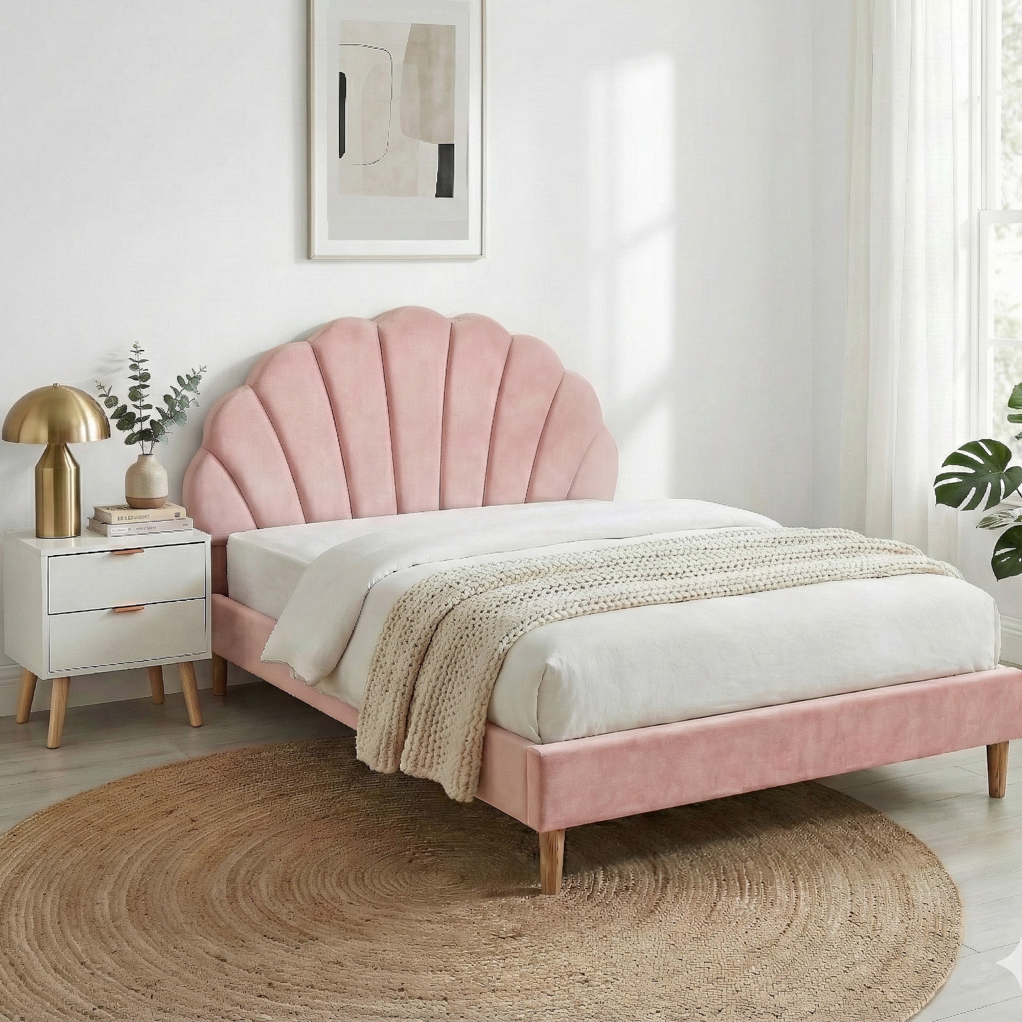 Cove Bed Frame Scallop Headboard Pink Velvet with 2 Drawer Bedside Table – Double