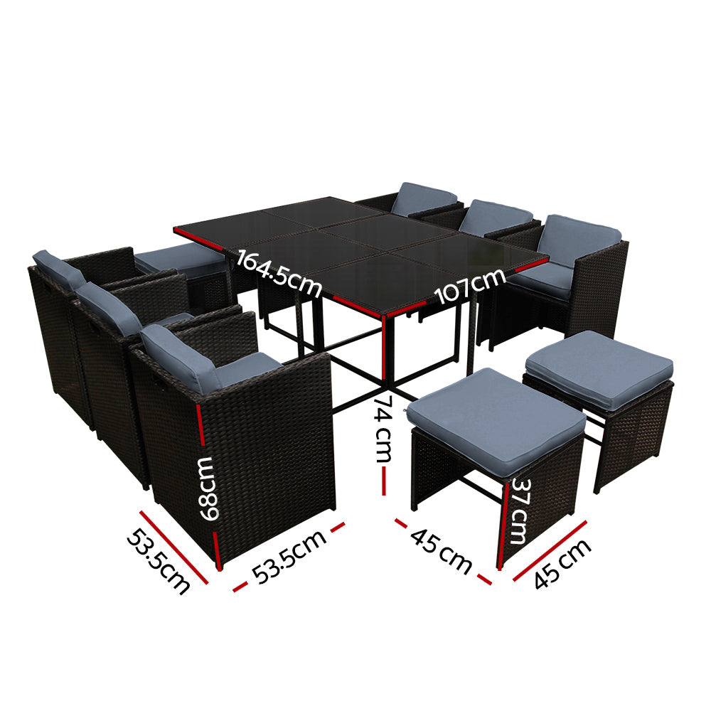 Cortino 11-Piece Outdoor Wicker Dining Set – Black – 10 Seaters