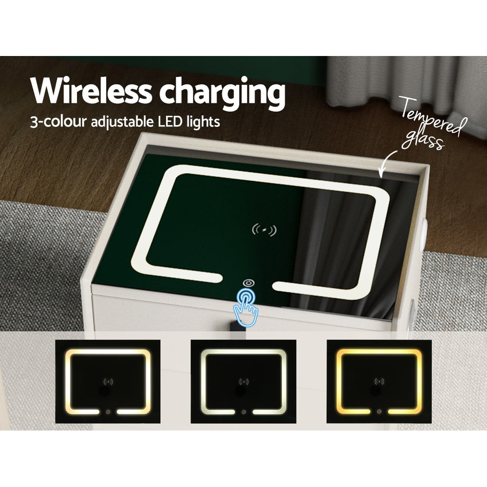 Aika Smart Bedside Table – White – LED & Wireless Charging