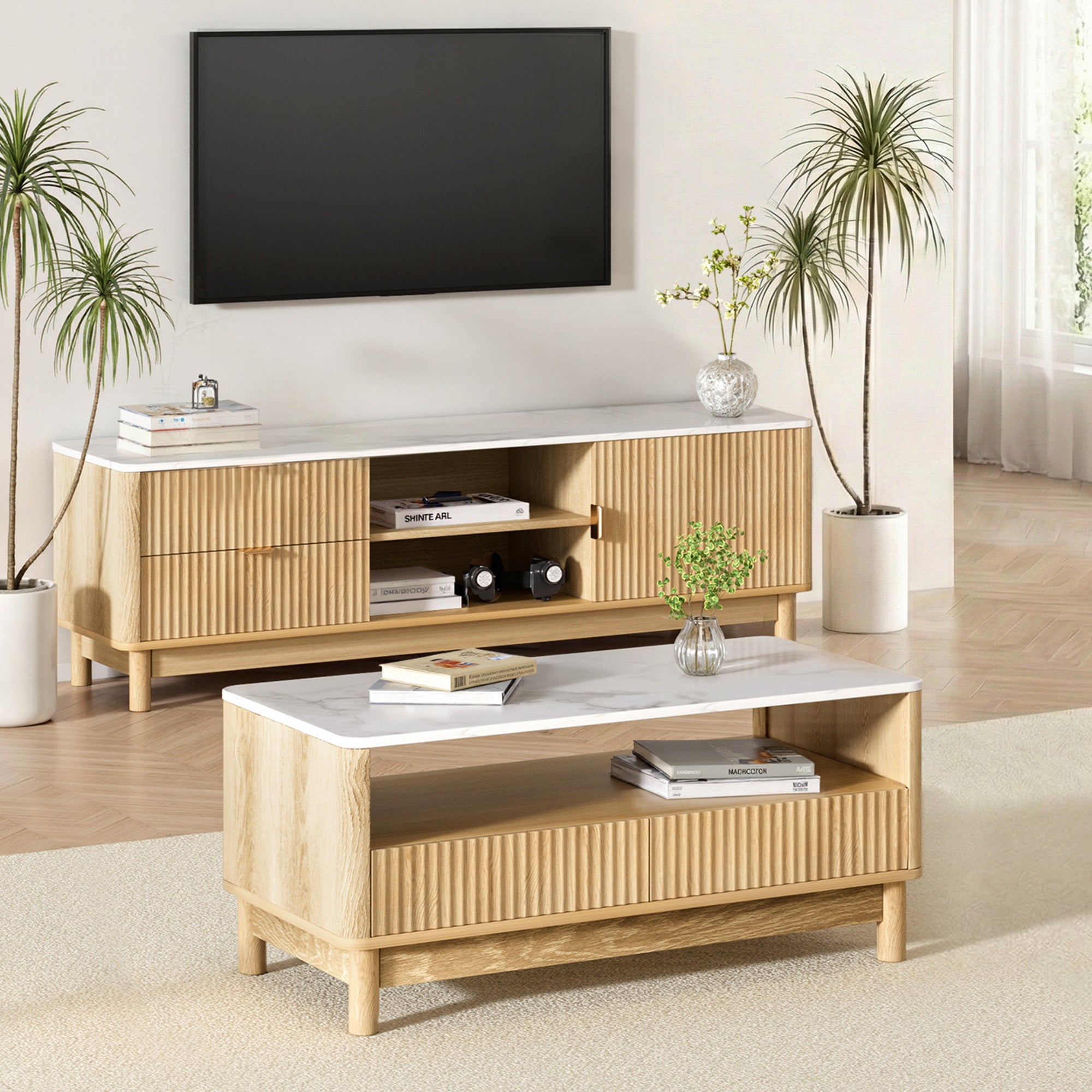 Linden TV Unit & Coffee Table Set Storage Drawers Pine