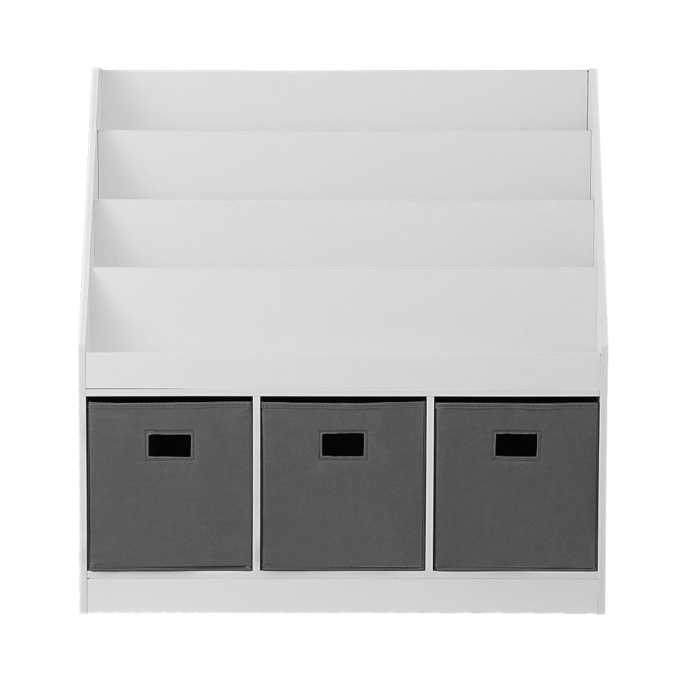 Hadley Kids Bookshelf with Storage Bins – White & Grey – 4 Tier