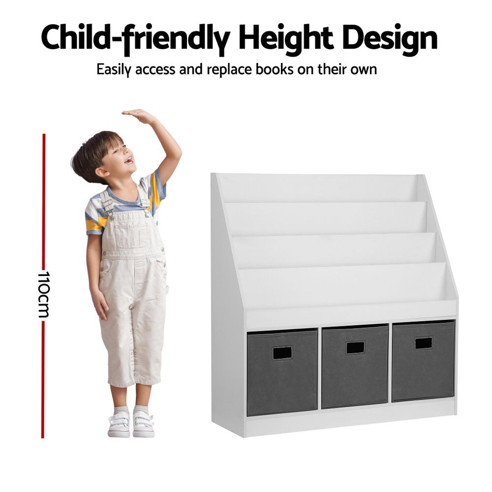 Hadley Kids Bookshelf with Storage Bins – White & Grey – 4 Tier