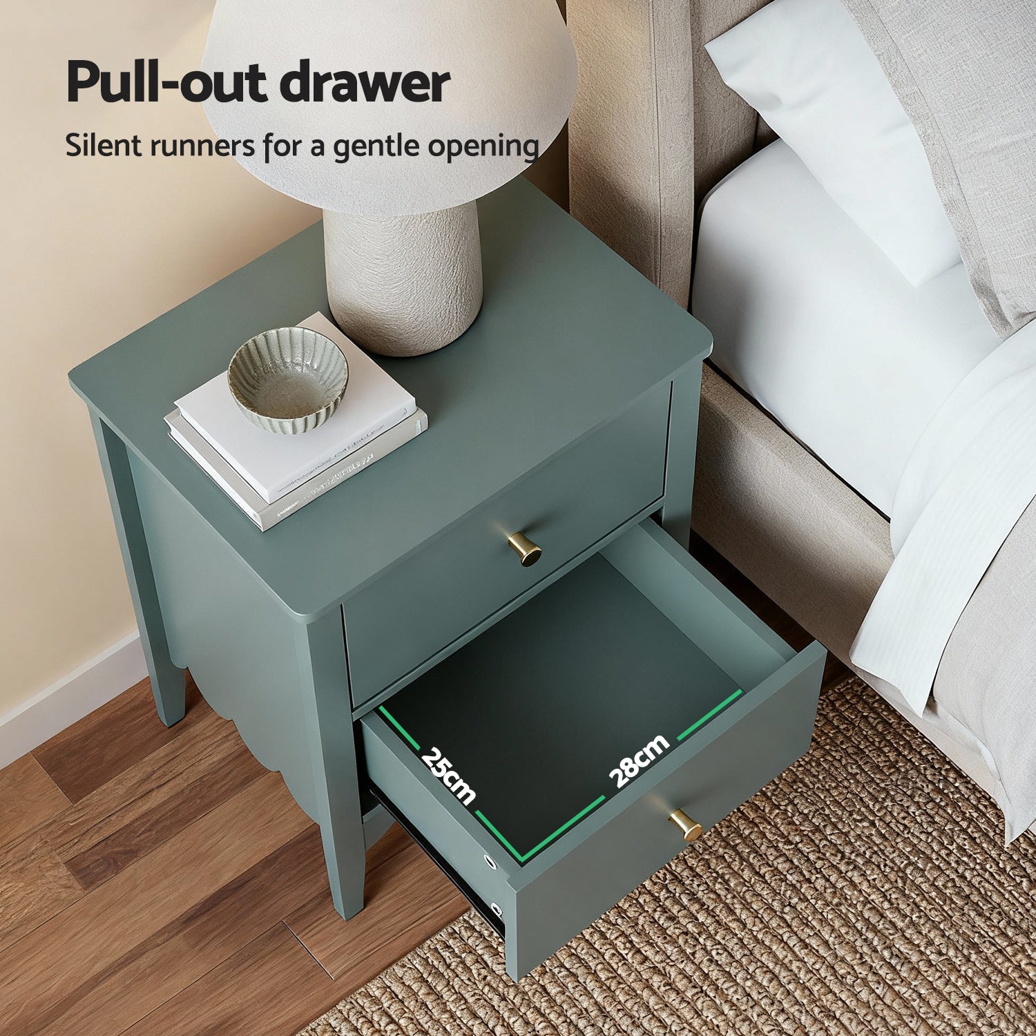 Nara Bedside Table with 2 Drawers – Green – 50 cm