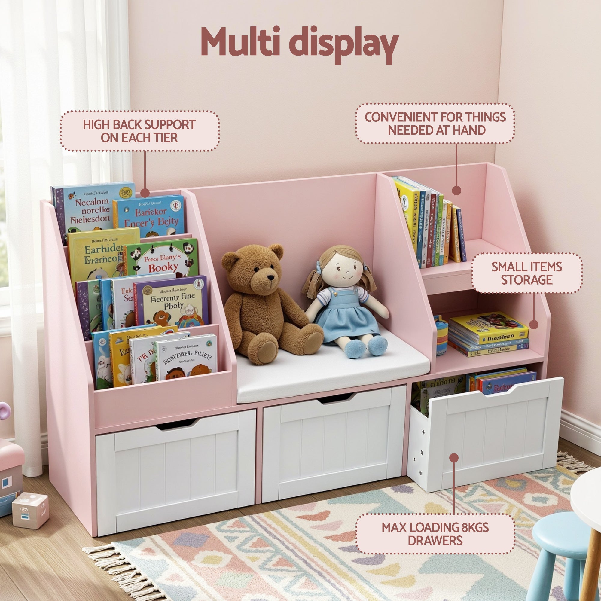 Halston Kids Storage Bookshelf with Bench – Pink – 140 cm