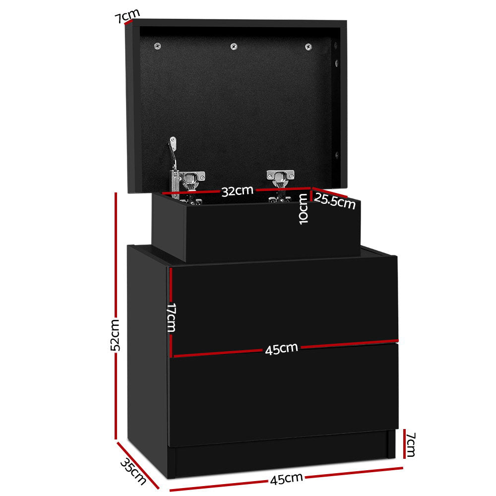 Serano Lift-Top Storage Bedside Table – Black – 45 cm