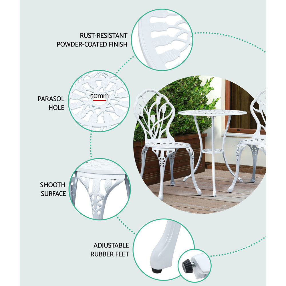 Celano Cast Aluminium Bistro Set – White – 3 Piece