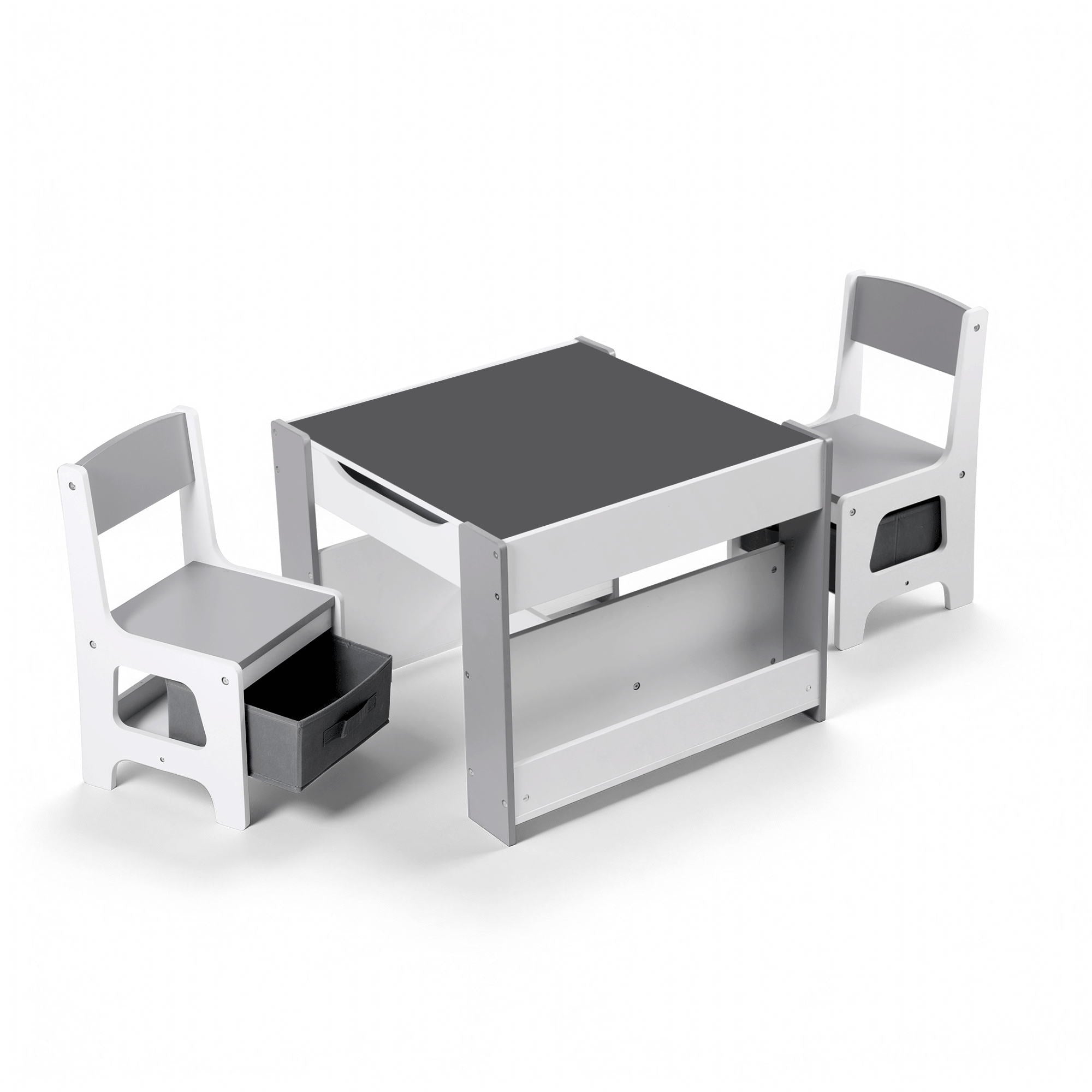 Kids Table and Chair Set, 4 in 1 Wooden Activity Table with Bookcase, Storage Box and Detachable Blackboard, Toddler Table and 2 Chairs Set, Grey