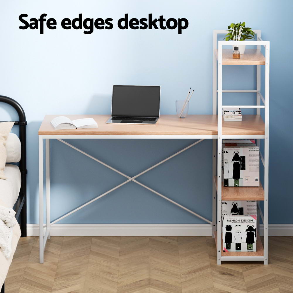 Serano Metal Computer Desk with Shelves – White & Oak – 120 cm