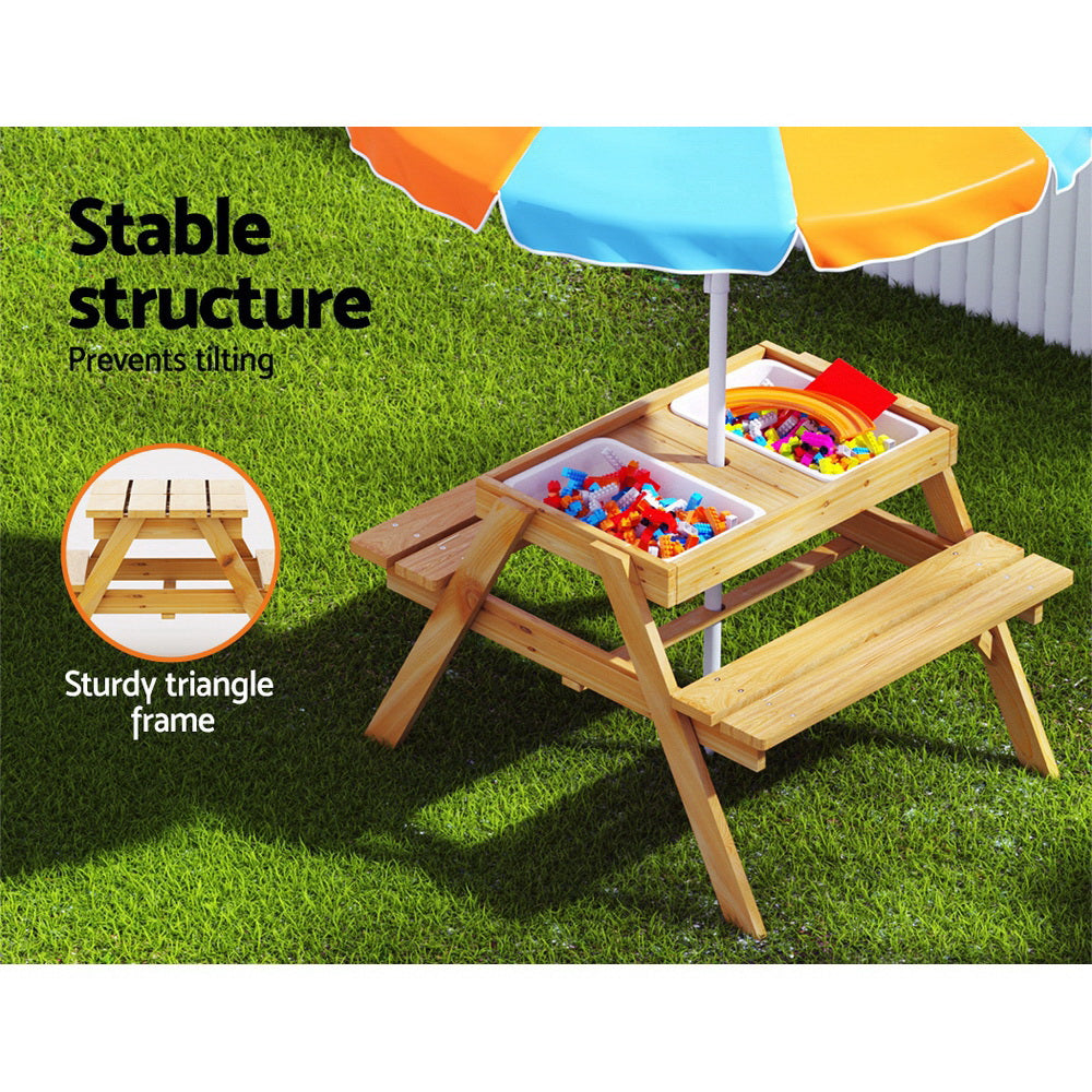 Serano Kids Picnic Table Set – Brown / Wood – Sand Pit & Umbrella
