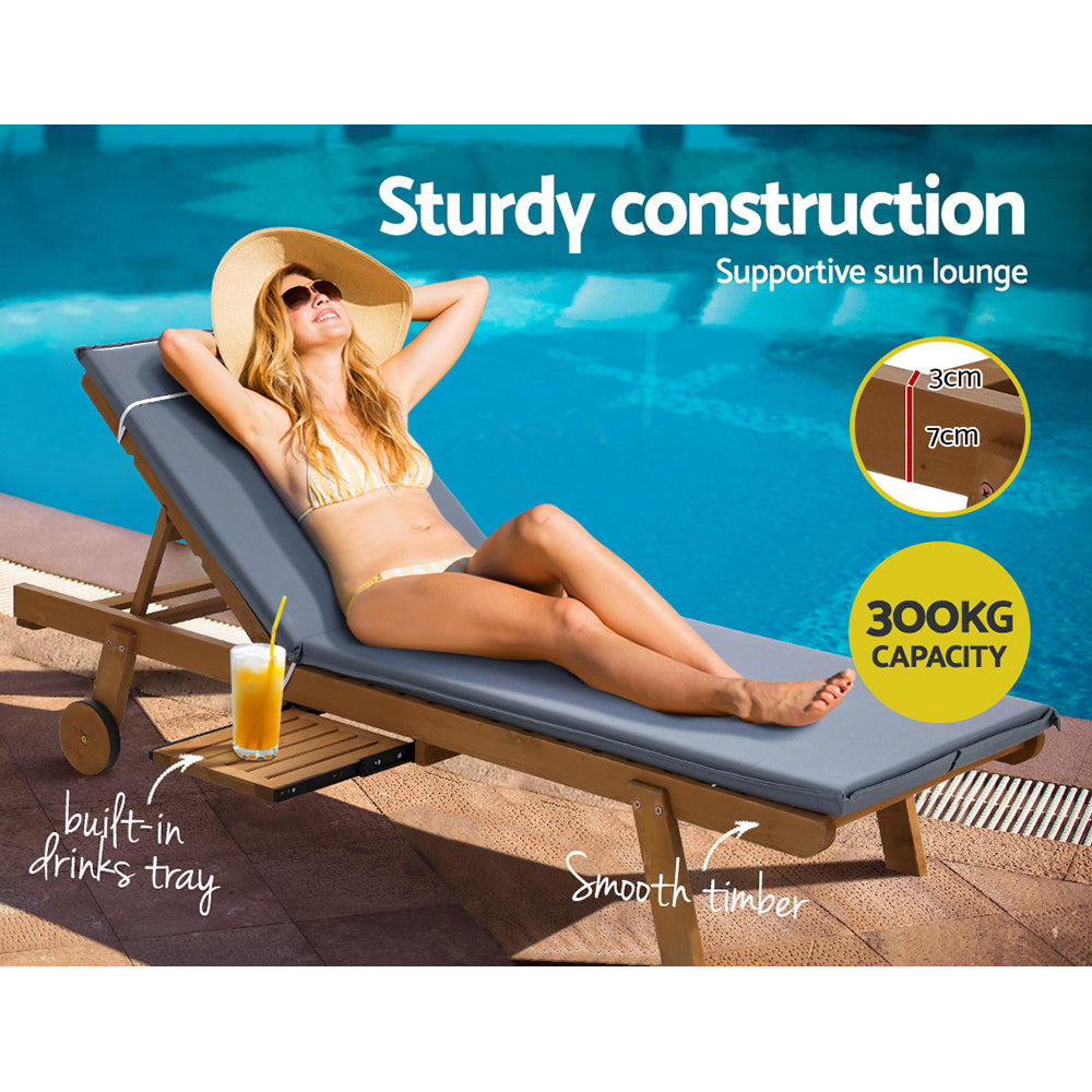 Cortina Wooden Sun Lounger – Grey Cushion – Wheels
