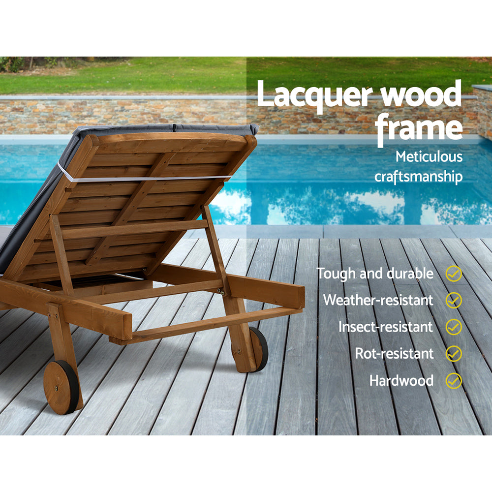 Cortina Wooden Sun Lounger – Grey Cushion – Wheels