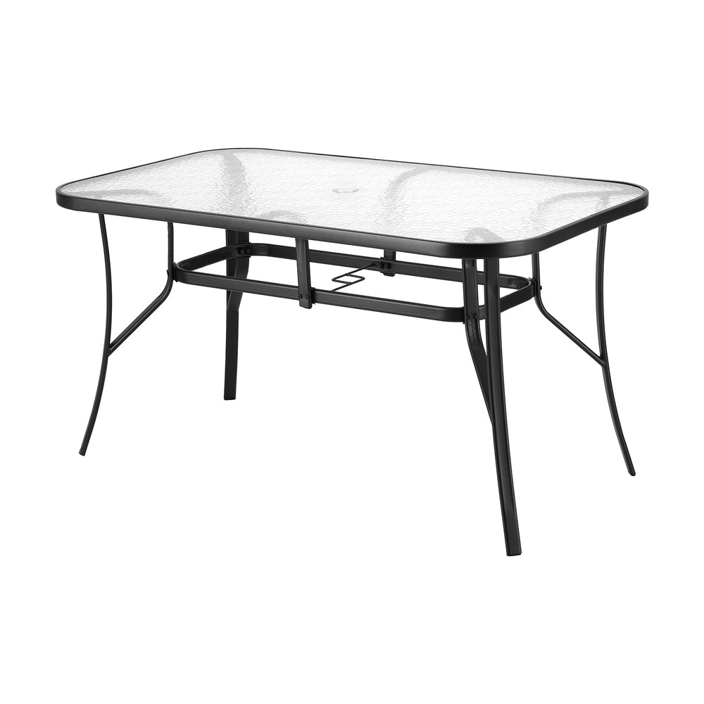 Linden 140CM Outdoor Dining Table Steel Frame Tempered Glass Parasol Hole Black