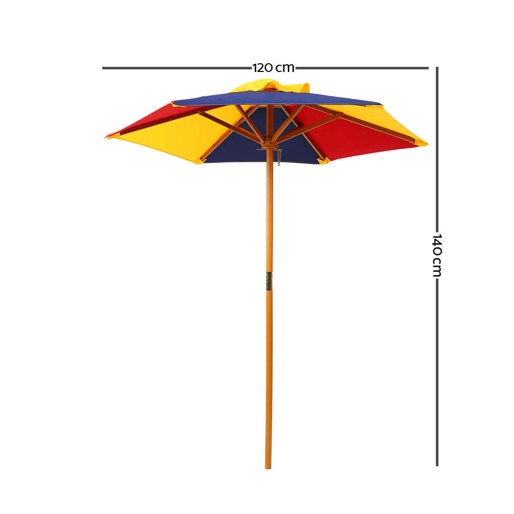 Solara Kids Picnic Set with Umbrella – Natural Wood – Table & Benches