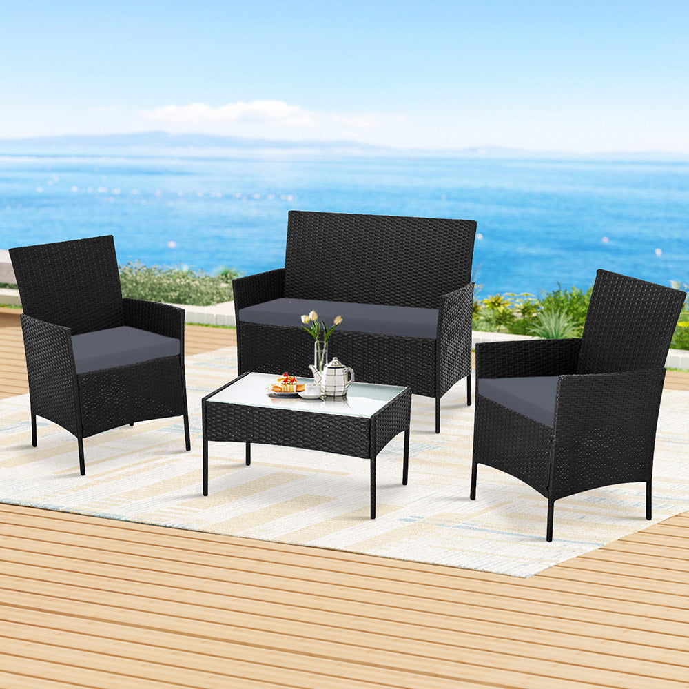 Nova 4 Seater Outdoor Sofa Set Wicker Setting Table Chair Furniture Black