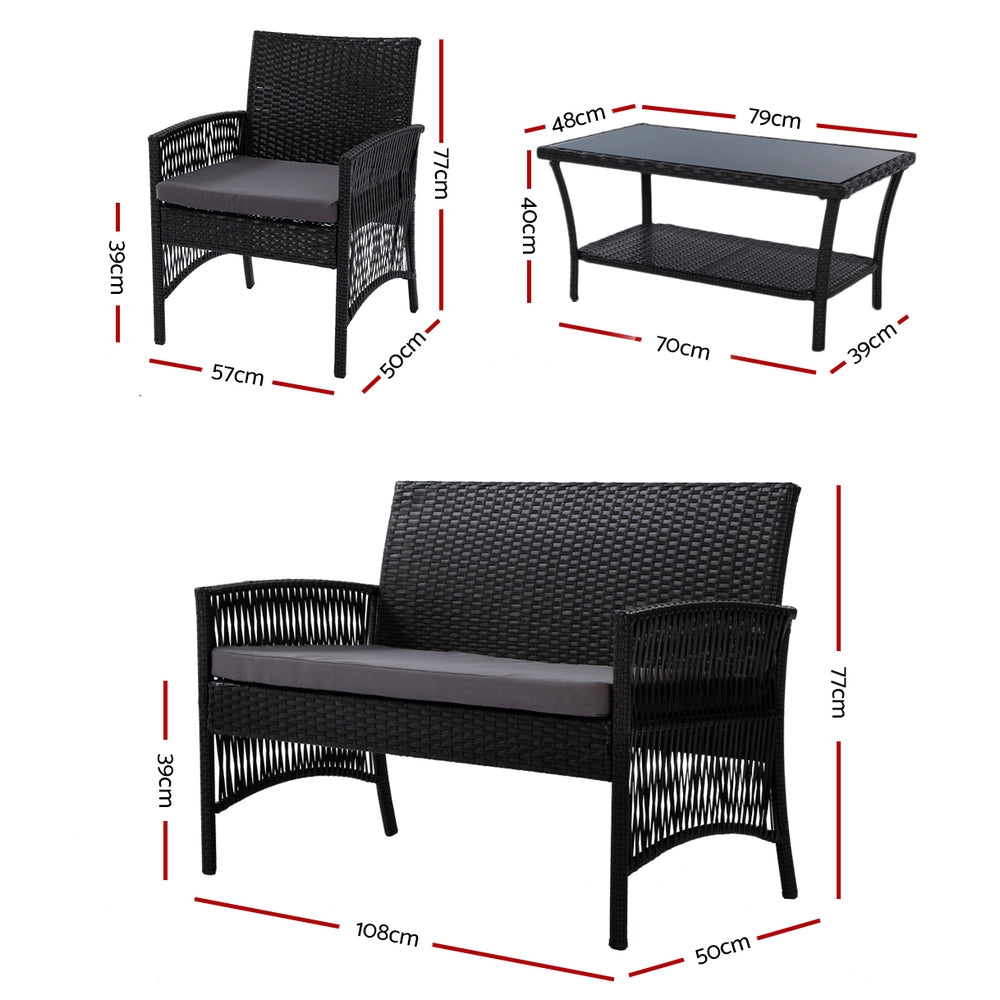 Harp 4 Piece Outdoor Wicker Lounge Set – Black