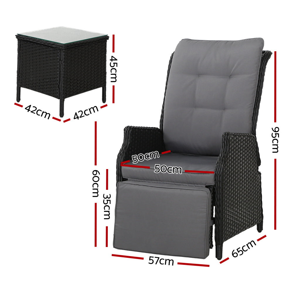 Palermo Outdoor Recliner Set with Table – Wicker Black – 3 Piece