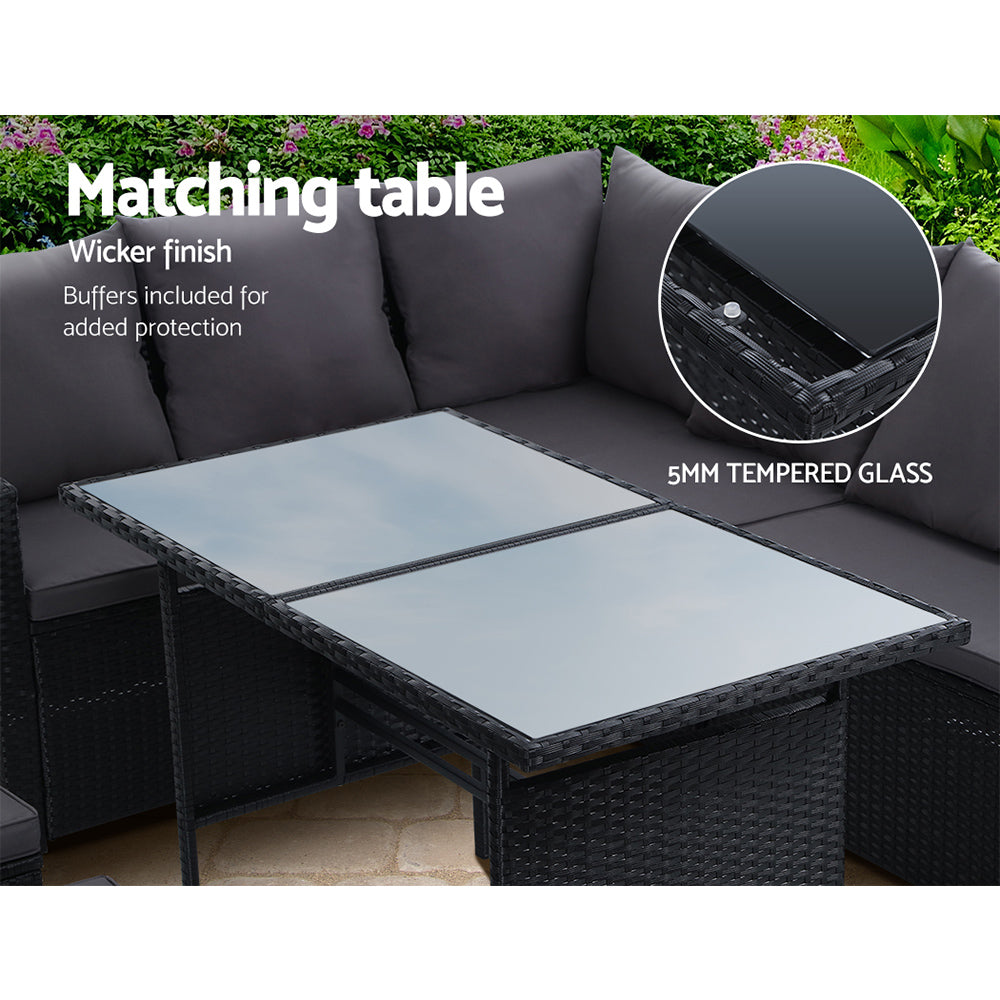 Oceana Outdoor Sofa Dining Set – Black – 9 Seater with Ottomans