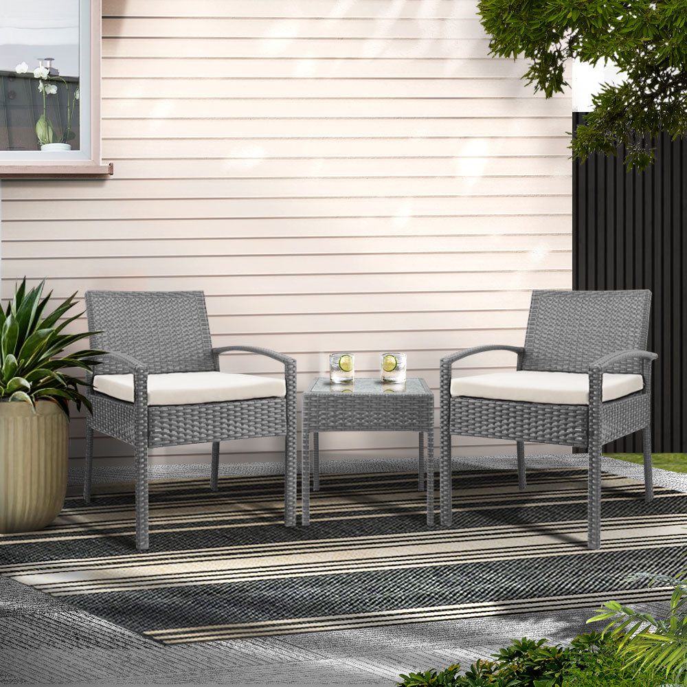 Haven 3PC Patio Furniture Bistro Set Wicker Outdoor Lounge Setting Grey