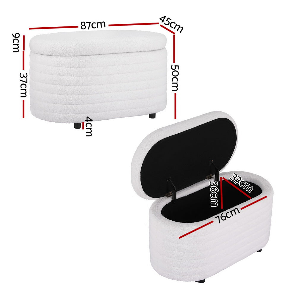 Bellaire Bouclé Storage Ottoman – White – Oval 87 cm