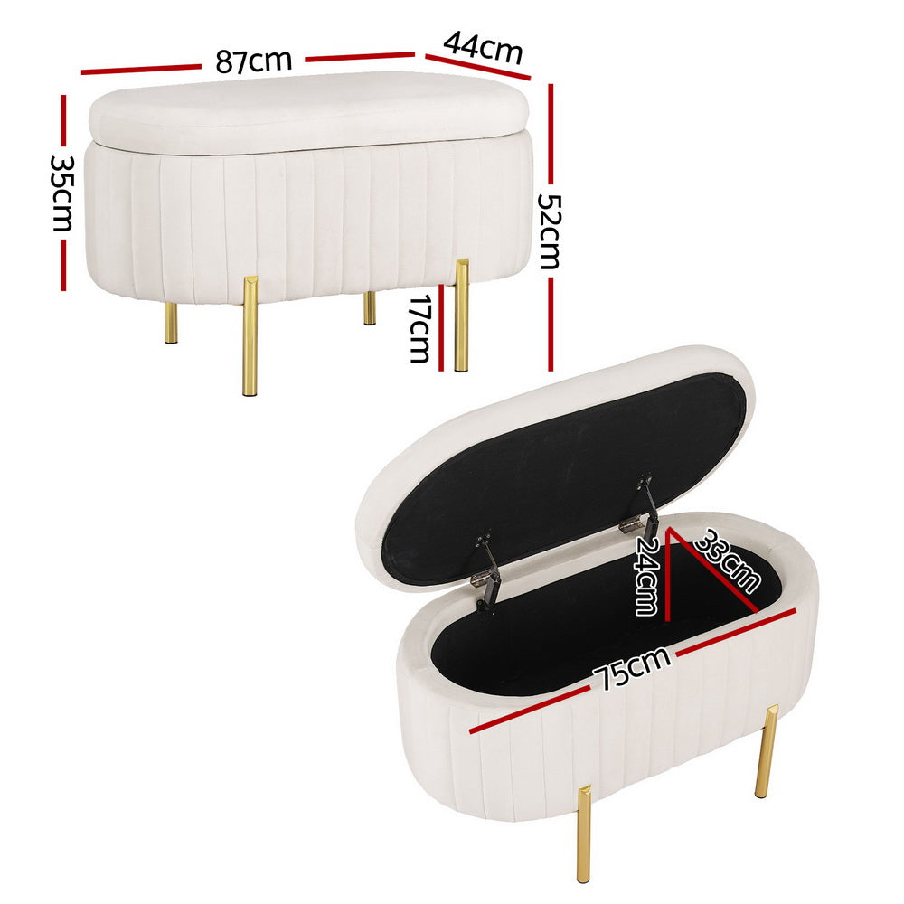 Elora Velvet Storage Ottoman – White – Oval 87 cm