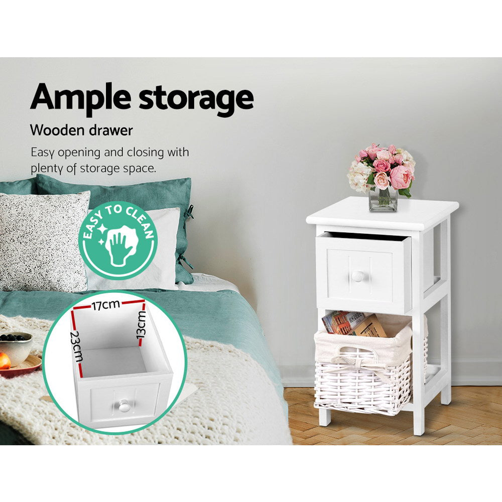 Callan Rustic Bedside Tables with Basket – White – Set of 2