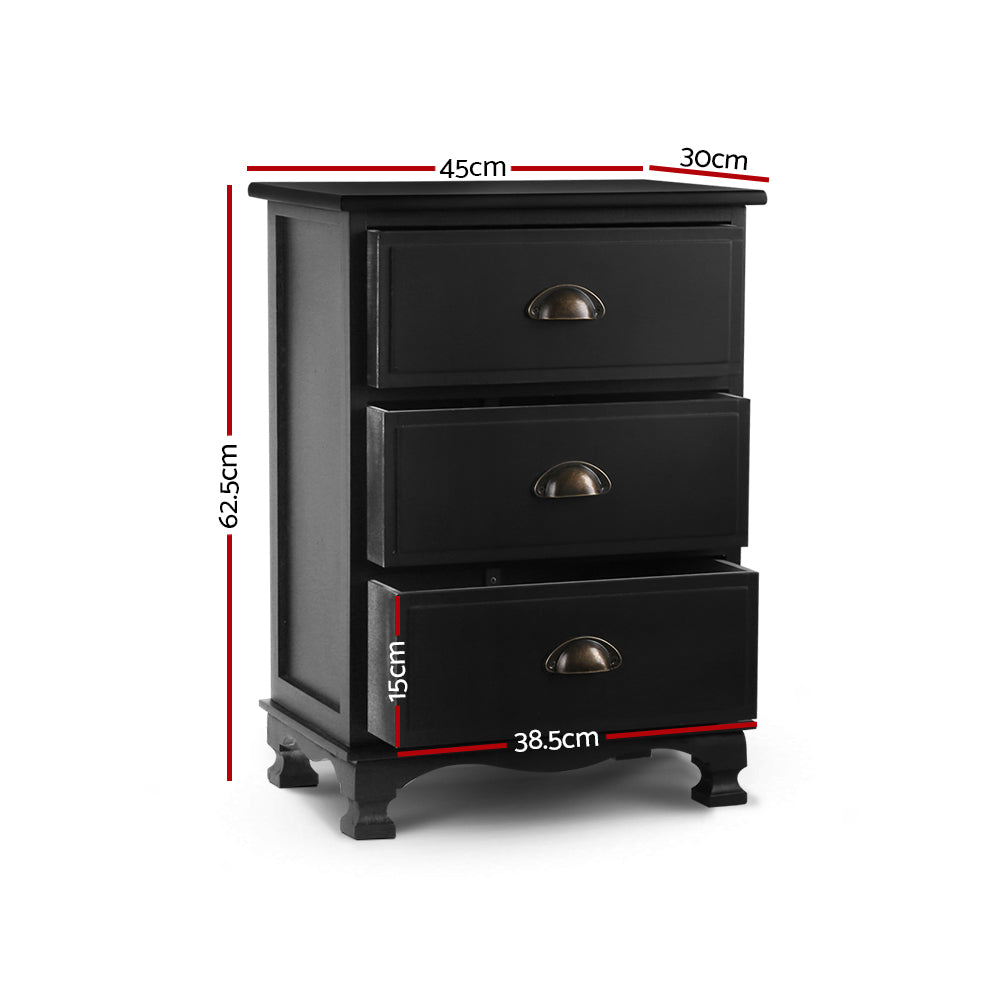 Cordelia Vintage Bedside Table – Black – 3 Drawers