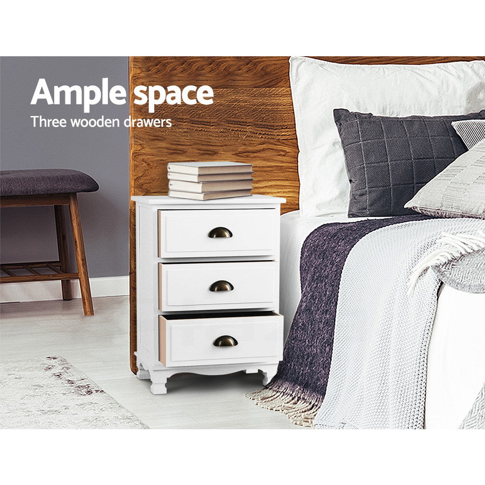 Cordelia Vintage Bedside Table – White – 3 Drawers