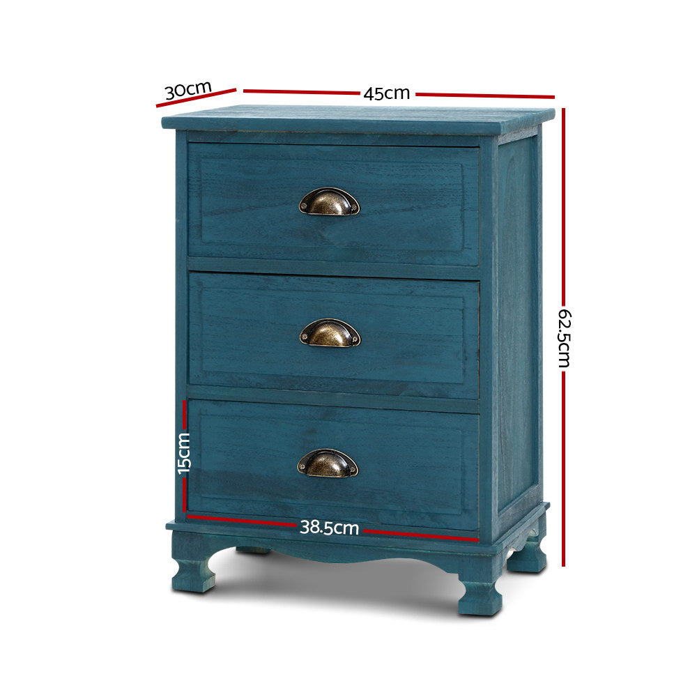 Marlowe Vintage Bedside Table – Blue – 3 Drawer