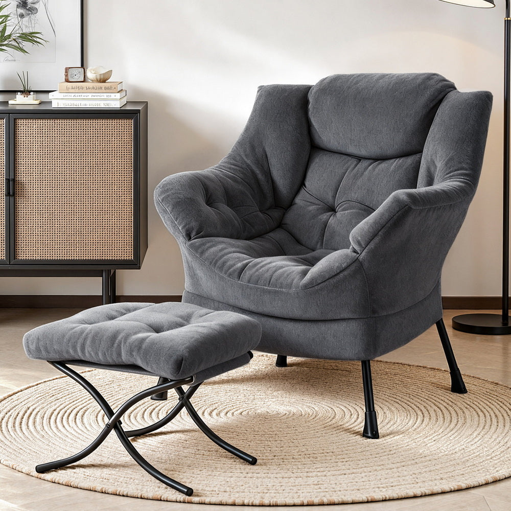 Armchair Accent Chair Ottoman Lounge Footrest Velvet Grey