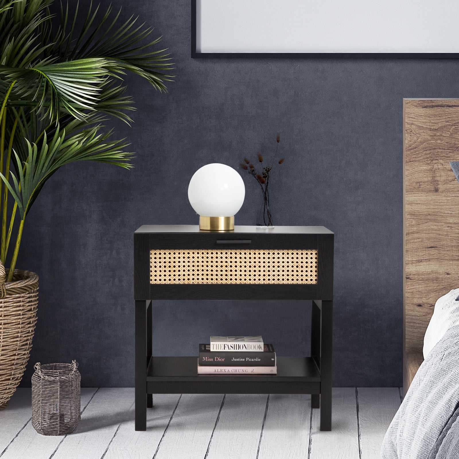 Tulum Rattan Bedside Table – Black – 60cm