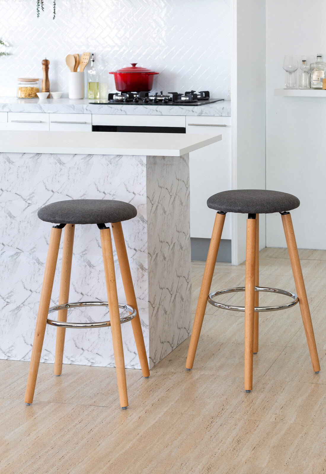 Linden Cotton Steel Modern Padded Bar Stools – Grey / Wood – Set of 2