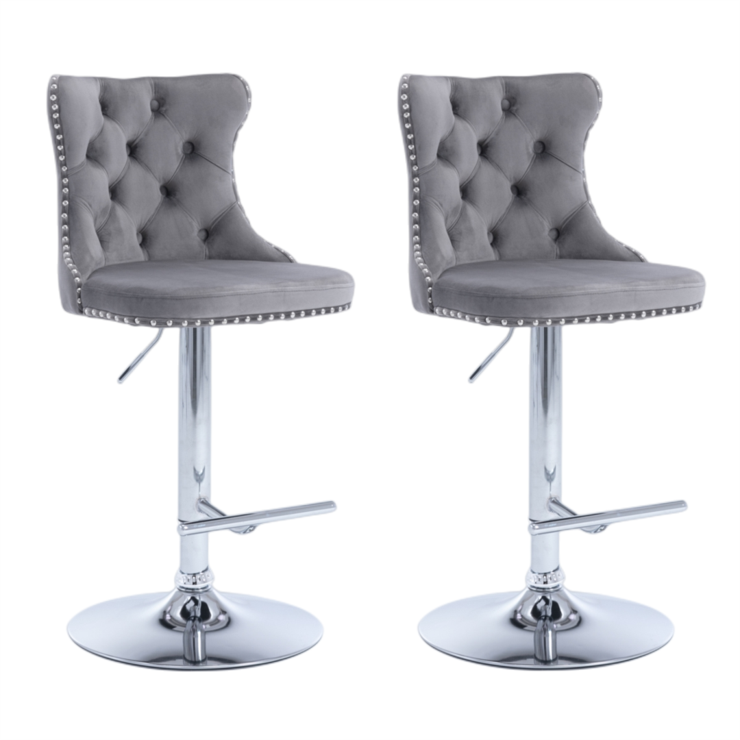 Linden 2x Height Adjustable Swivel Bar Stool Velvet Stud Barstool with Footrest and Chromed Base - Gray