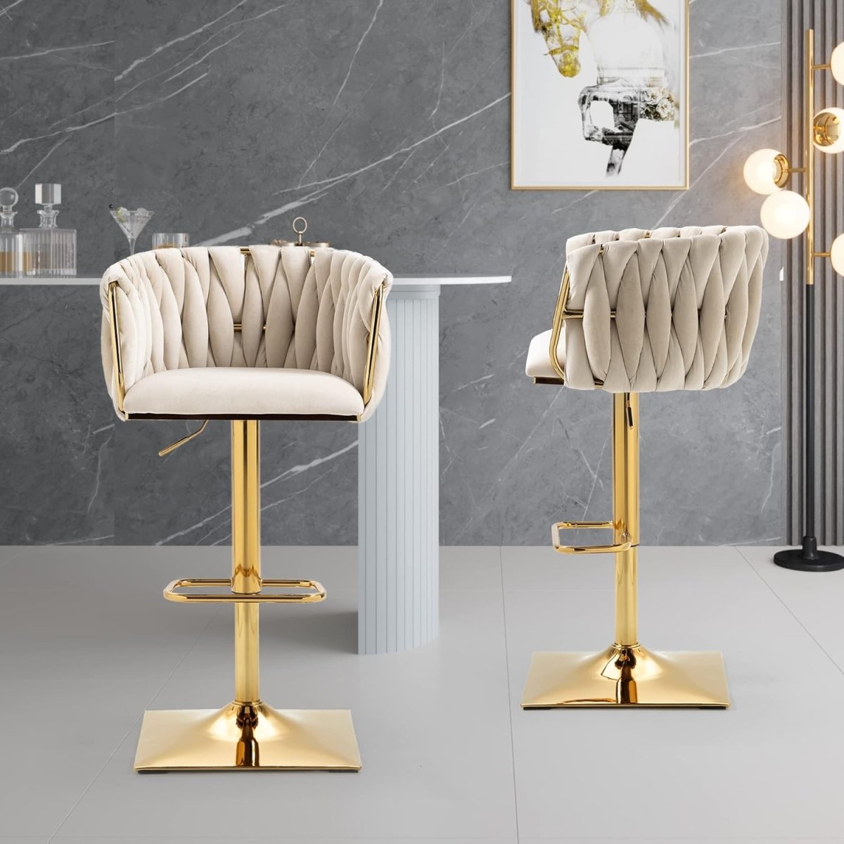 Linden Velvet Swivel Bar Stools – Beige – Set of 2