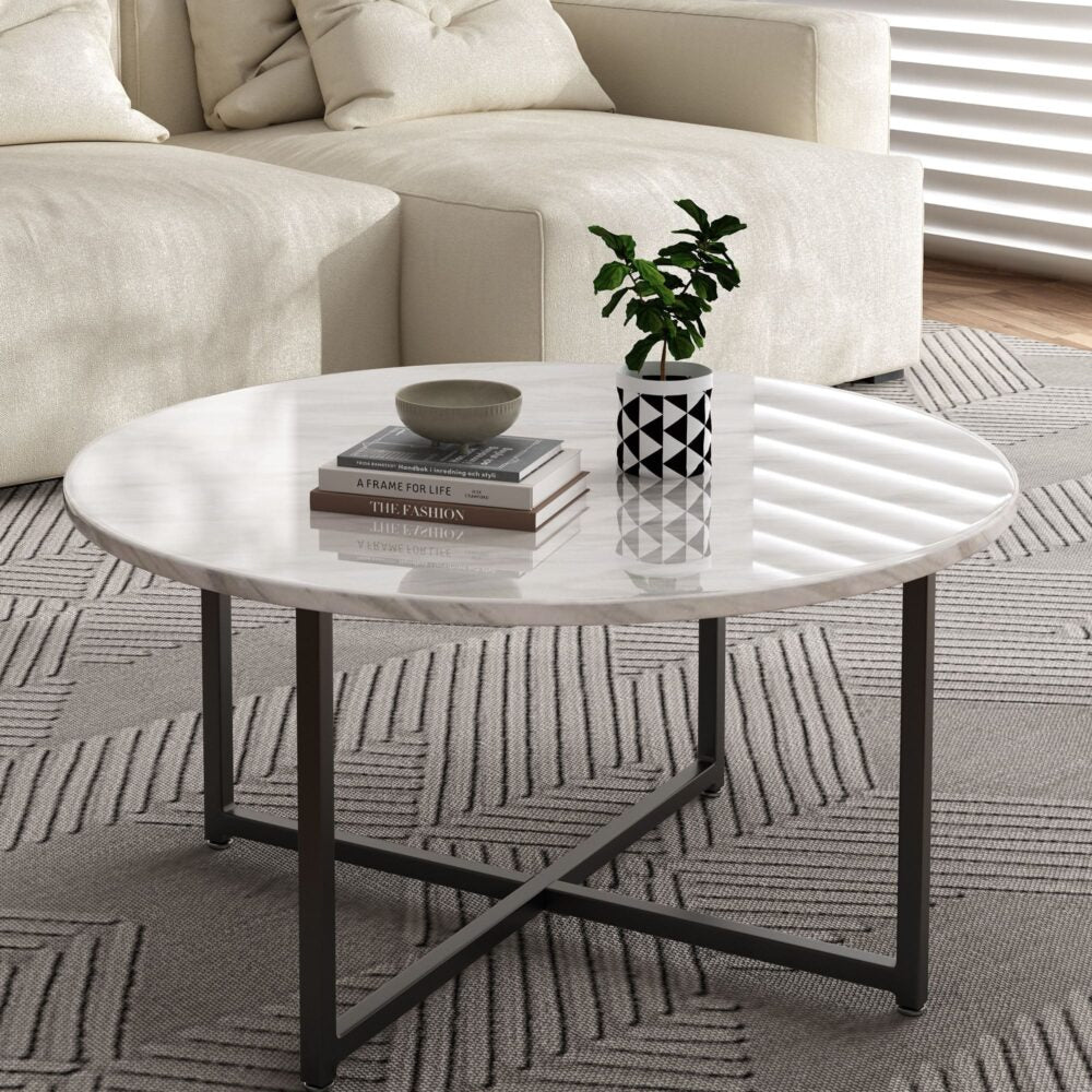 Sterling Marble Effect Coffee Table – White & Black – Round
