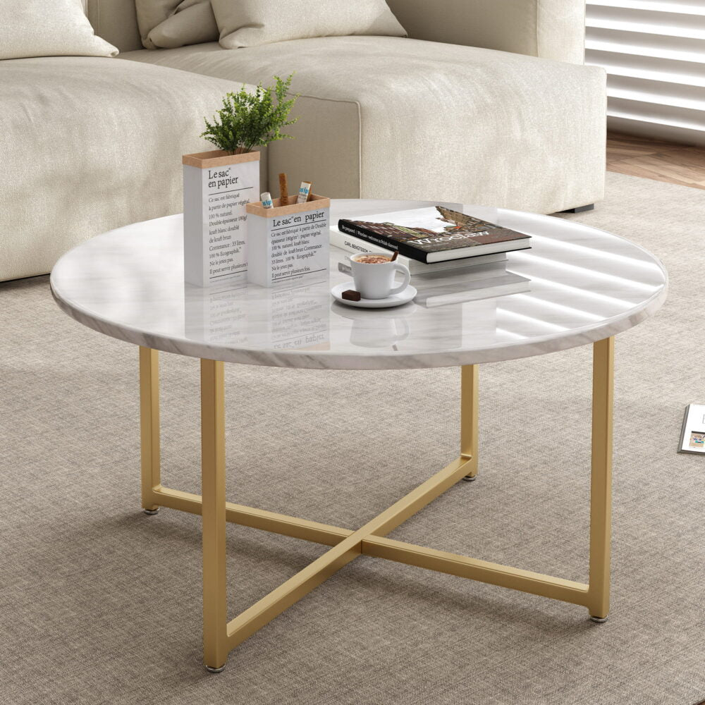 Haven White Marble Effect Round Coffee Table with Gold Legs