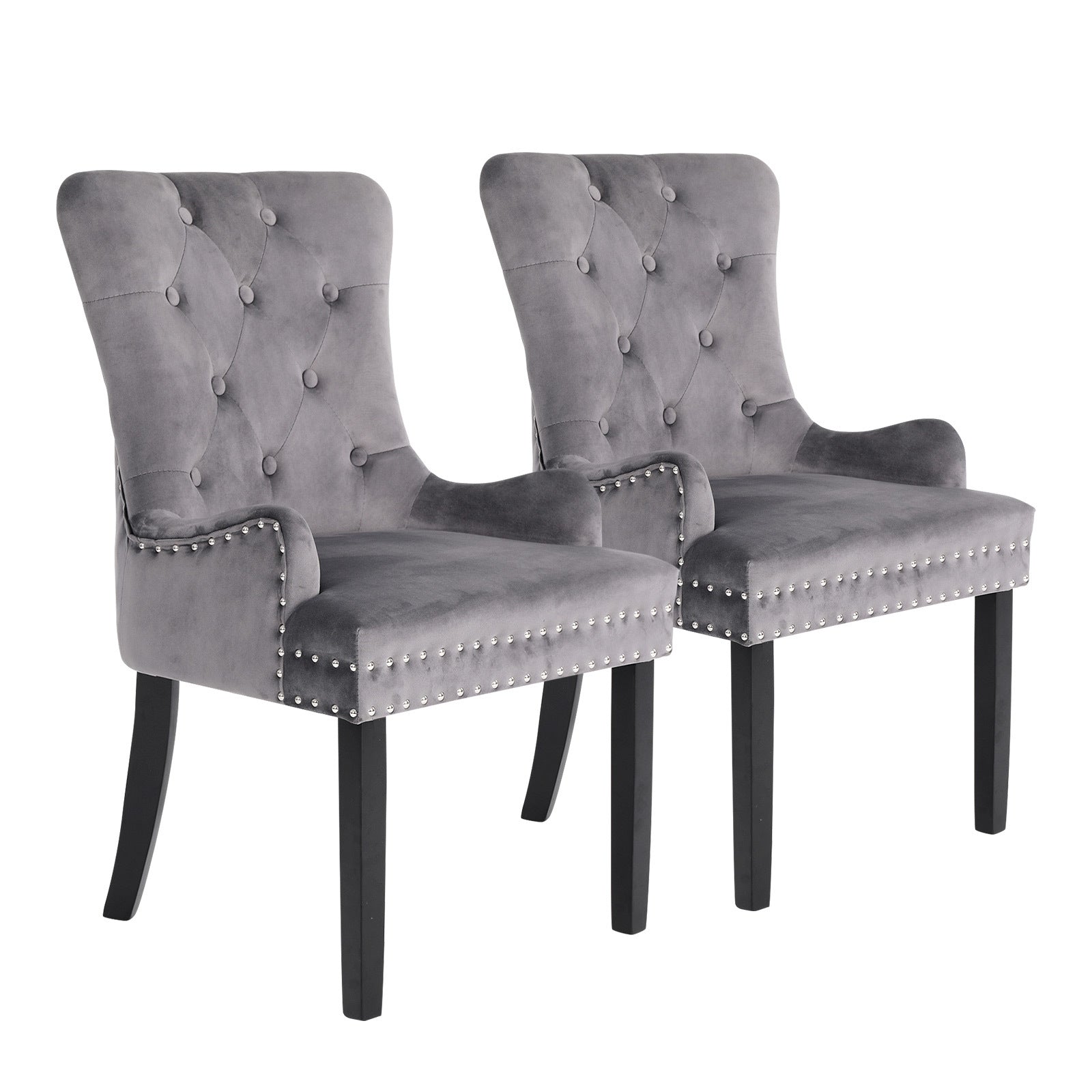 Rowan 2X French Provincial Dining Chair Ring Studded Velvet Rubberwood Leg LISSE GREY