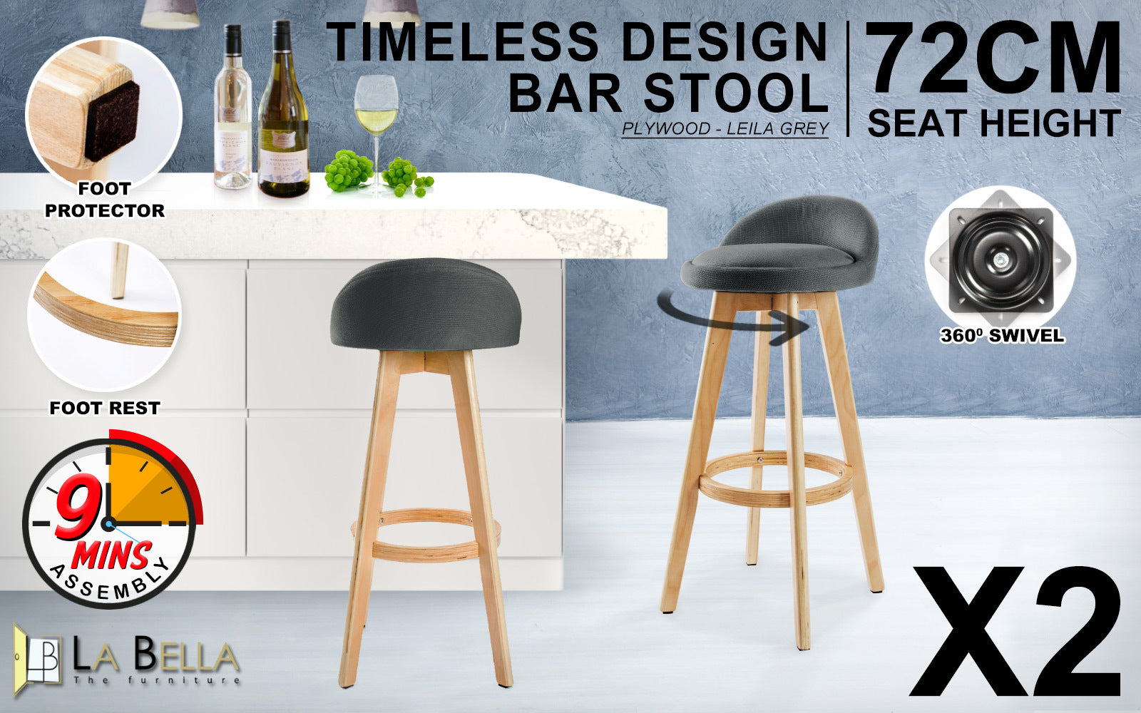 Leila Fabric Bar Stools – Grey – Set of 2